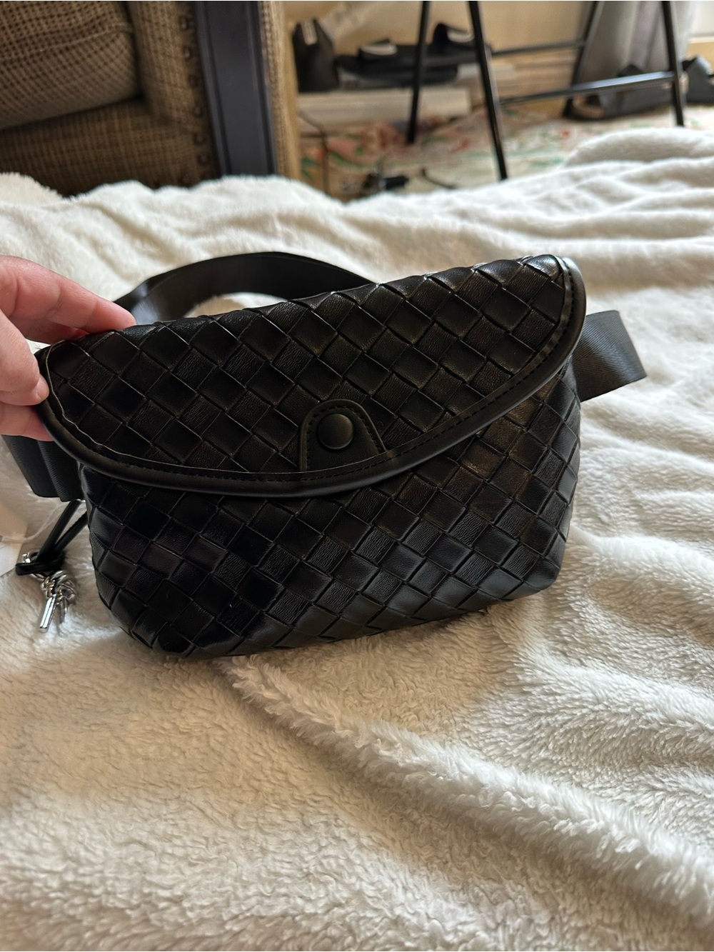 Woven Leather Black Belt Bag